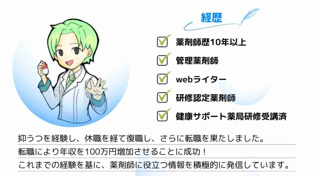 著者の自己紹介 経歴解説 ①薬剤師歴10年以上 ②管理薬剤師 ③webライター ④研修認定薬剤師 ⑤健康サポート薬局研修受講済 紹介文 抑うつを経験し、休職を経て復職し、さらに転職を果たしました。 転職により年収を100万円増加させることに成功! これまでの経験を基に、薬剤師に役立つ情報を積極的に発信しています。