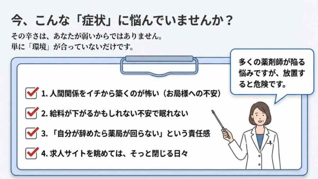 転職すべきか迷い、キャリアの悩みを抱えている薬剤師のイメージ