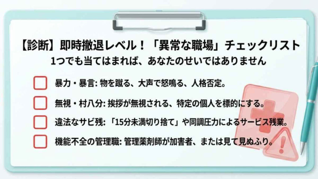 暴力・暴言、無視、違法なサービス残業など、即時撤退すべき異常な職場の特徴をまとめた診断チェックリスト