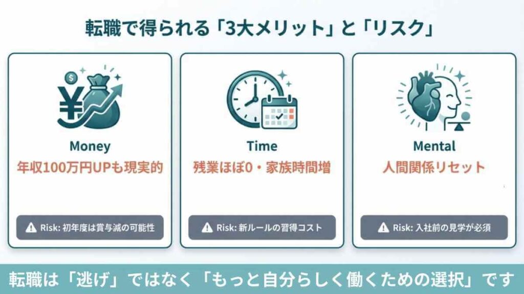 薬剤師が転職で得られる3大メリット（年収アップ、残業なし、人間関係リセット）と、それぞれのリスクを解説した図解。