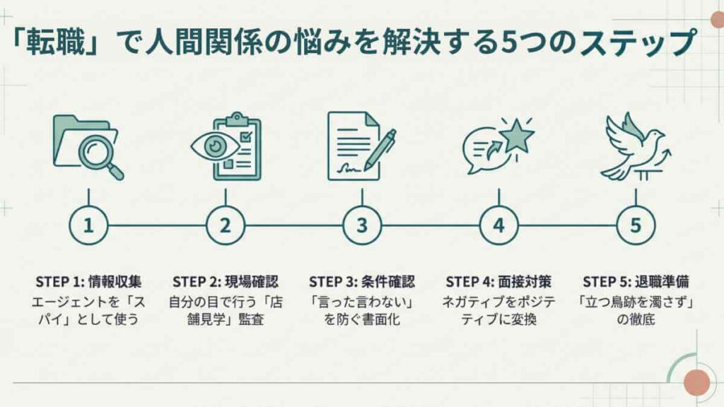 情報収集から現場確認、条件確認、面接対策、退職準備まで、人間関係の悩みを解決するための失敗しない転職5つのステップ