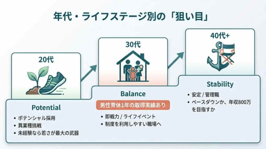 20代（ポテンシャル）、30代（バランス）、40代以上（安定）と、薬剤師の年代・ライフステージ別の転職の狙い目を示したステップ図。