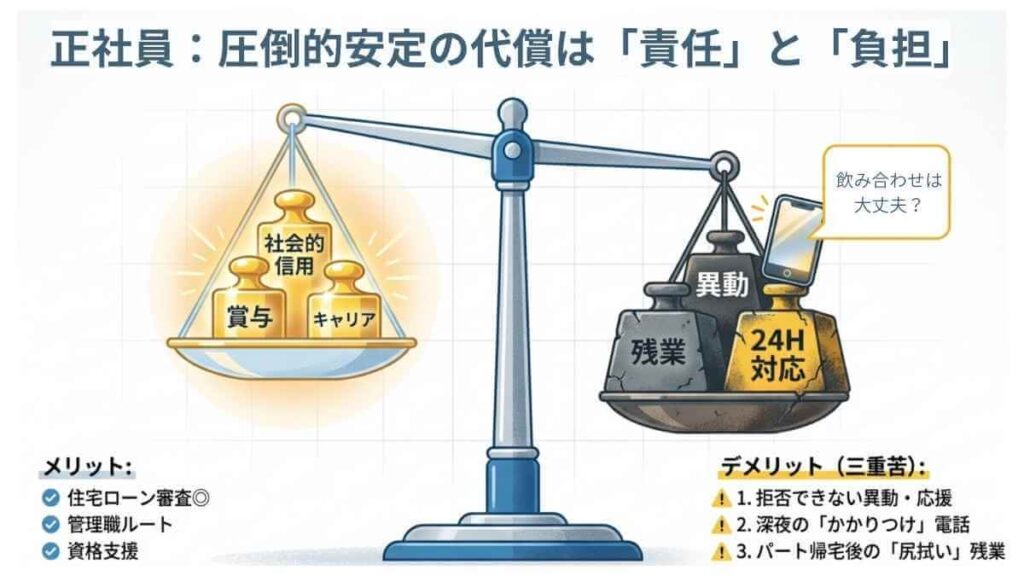 正社員薬剤師のメリット（社会的信用・賞与）とデメリット（異動・残業・責任の重さ）のバランス