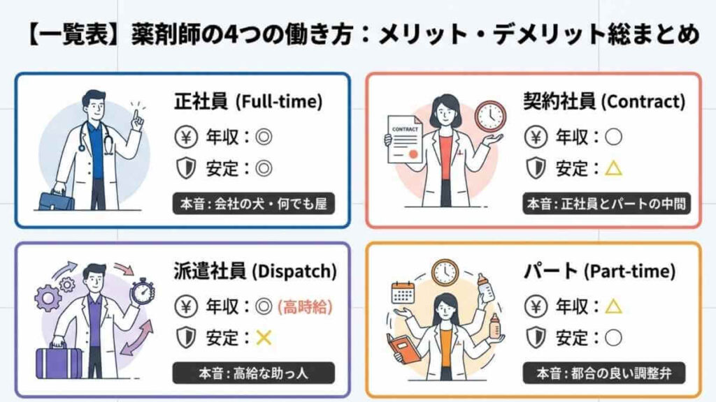 薬剤師の4つの働き方（正社員・契約社員・派遣社員・パート）の年収・安定性・実態を比較した一覧表