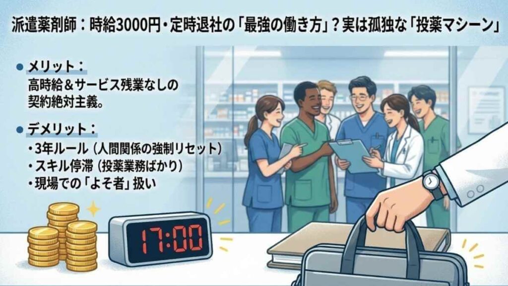 派遣薬剤師の高時給というメリットと、3年ルールや職場での人間関係の悩みというデメリット