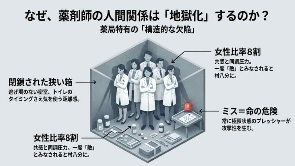 閉鎖された狭い空間や女性比率の高さなど、薬局特有の構造的な欠陥によって薬剤師の人間関係が悪化する理由の図解