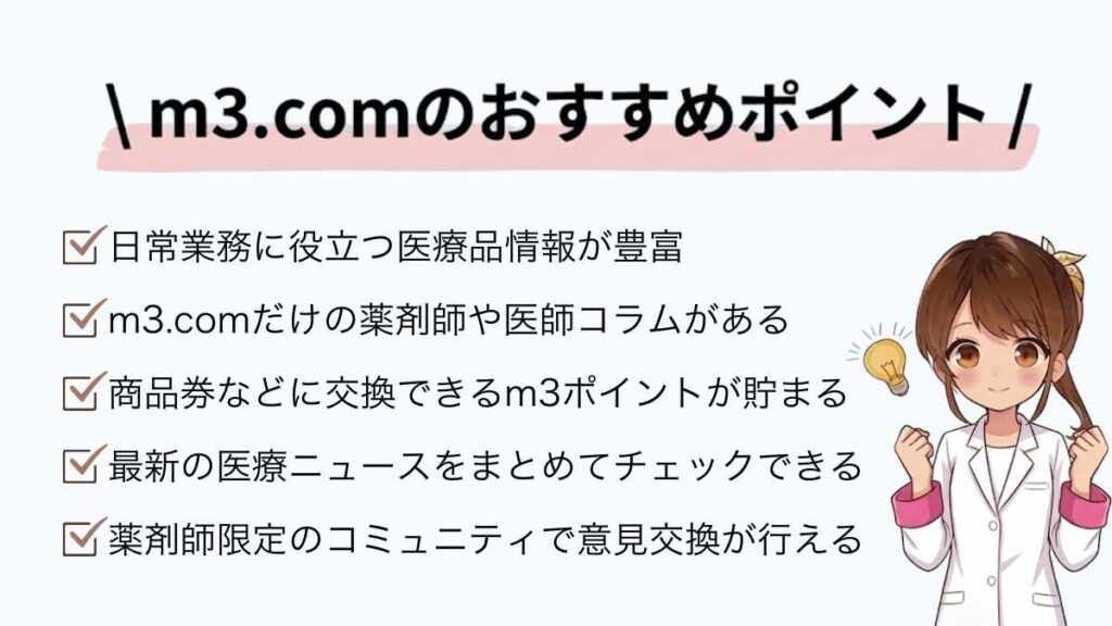 薬剤師向けサイト「m3.com」の5つのおすすめポイント。豊富な医薬品情報、限定コラム、m3ポイントの獲得、最新医療ニュース、薬剤師限定コミュニティといったメリットをまとめています。