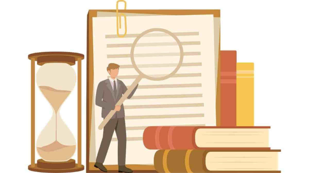 骨粗鬆症の定義、疫学、および正常な代謝メカニズムを学習するためのセクション見出し画像。本と虫眼鏡、砂時計のイラスト。