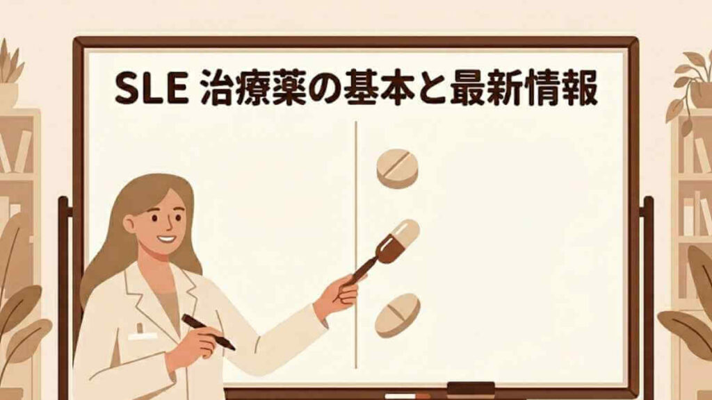 ホワイトボードに「SLE 治療薬の基本と最新情報」と記し、カプセルや錠剤のイラストを指し示して解説する女性薬剤師のイラスト。