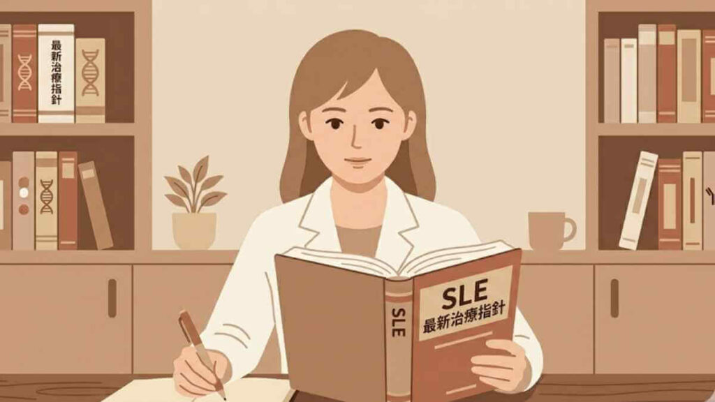 「SLE 最新治療指針」と書かれた専門書を読み込み、ノートをとる薬剤師のイラスト。背景の書棚には最新の治療ガイドラインが並んでいる。