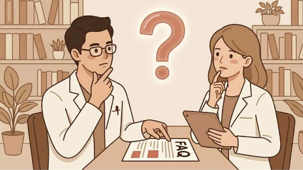 SLE治療薬に関するFAQ。クエスチョンマークを浮かべて薬剤師同士で疑問点を話し合い、タブレットや資料で確認している場面。