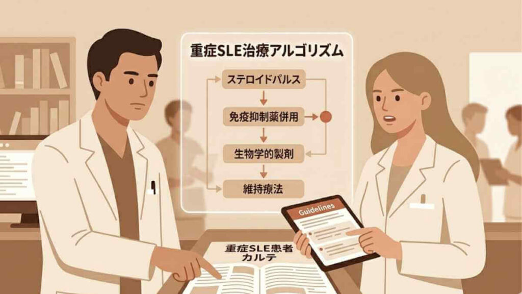 重症SLE治療アルゴリズムの図。ステロイドパルス、免疫抑制薬併用、生物学的製剤、維持療法の流れが示されており、薬剤師が患者カルテとガイドラインを確認しながら検討している様子。