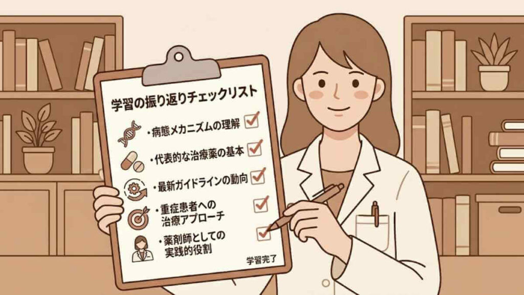 学習の振り返りチェックリストを持つ女性薬剤師。病態メカニズムの理解、代表的な治療薬の基本、最新ガイドラインの動向、重症患者へのアプローチ、薬剤師としての実践的役割の5項目が完了している。