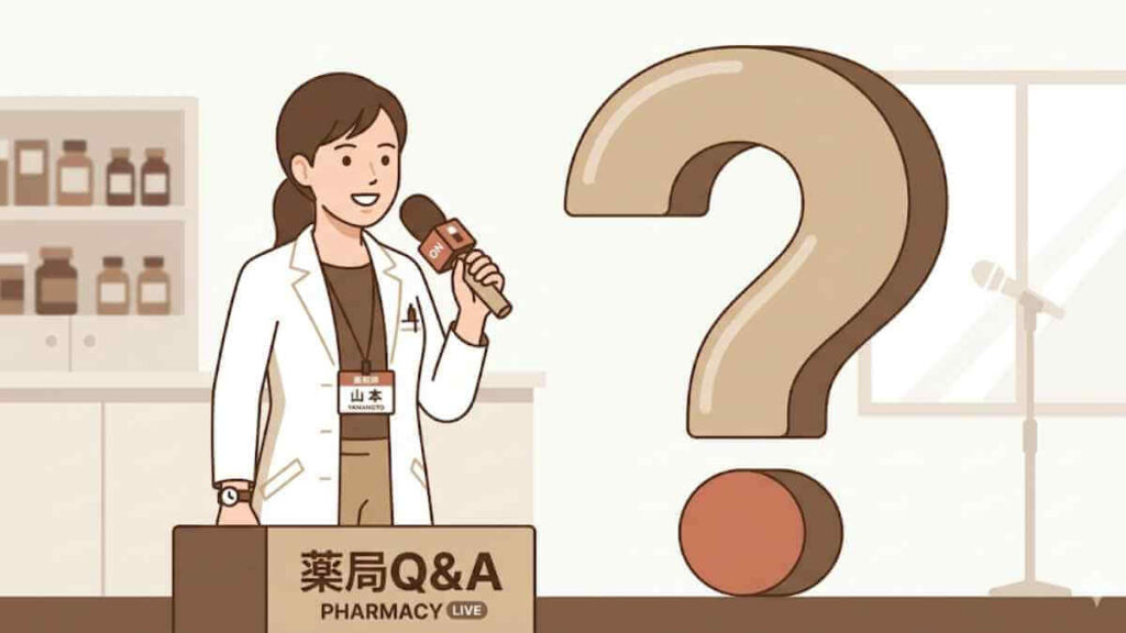 「薬局Q&A PHARMACY LIVE」のパネルの前に立つ薬剤師と大きなクエスチョンマーク。「ベーチェット病に関するよくある質問（FAQ）」というタイトルが含まれた、質問コーナーの導入画像。