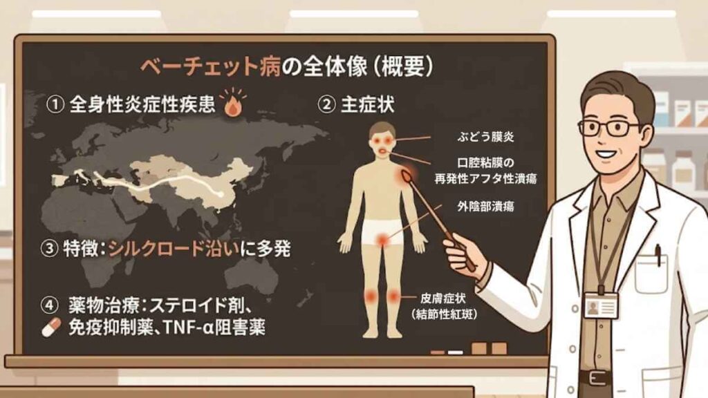 ベーチェット病の全体像(概要)を黒板形式で解説する薬剤師のイラスト。1. 全身性炎症性疾患、2. 主症状(ぶどう膜炎、口腔粘膜のアフタ性潰瘍、外陰部潰瘍、結節性紅斑)、3. シルクロード沿いに多発する特徴、4. 薬物治療(ステロイド、免疫抑制薬、TNF-α阻害薬)の4点をまとめています。
