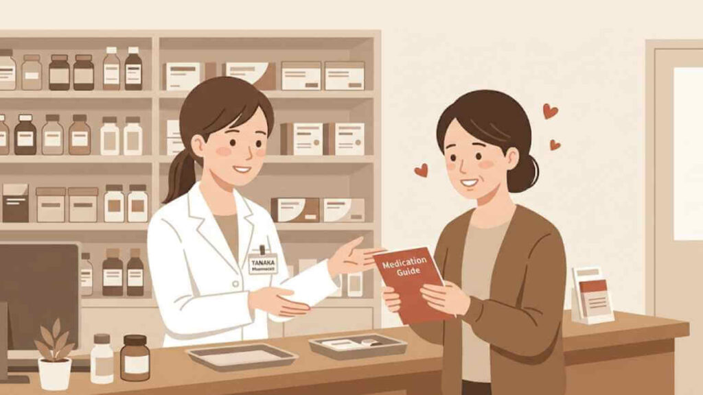 薬局のカウンターで、薬剤師が患者に「Medication Guide」を手渡しながら服薬指導を行う様子。患者に寄り添い、丁寧なサポートを提供しているシーン。