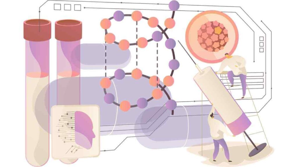 注射剤や経口薬など、関節リウマチ治療に使用される様々な薬剤の分子レベルでの作用機序と研究をイメージした図解。