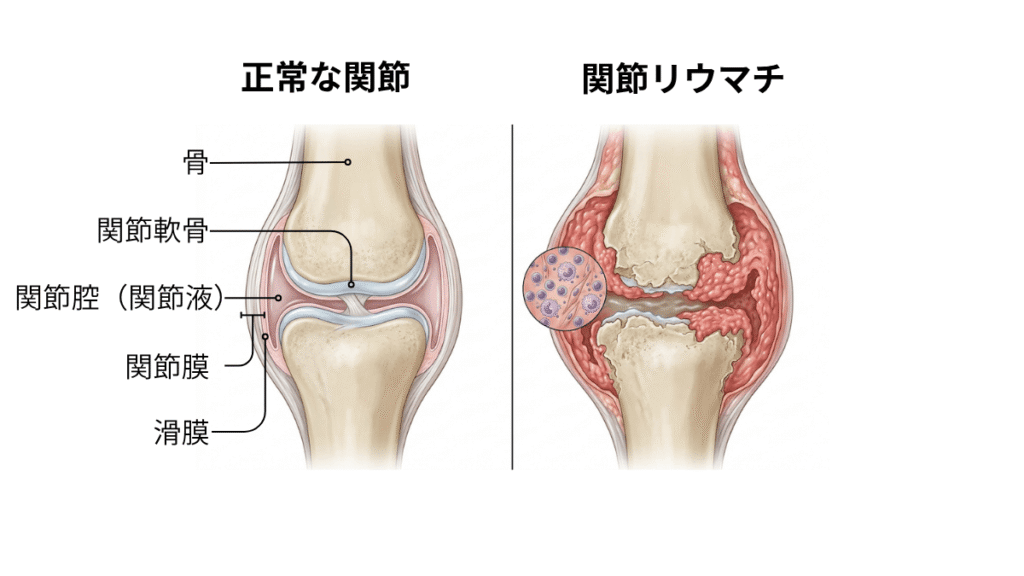 正常な関節の構造（滑膜・軟骨・関節腔）と、関節リウマチによって滑膜が肥厚し軟骨や骨が破壊された状態の比較図。