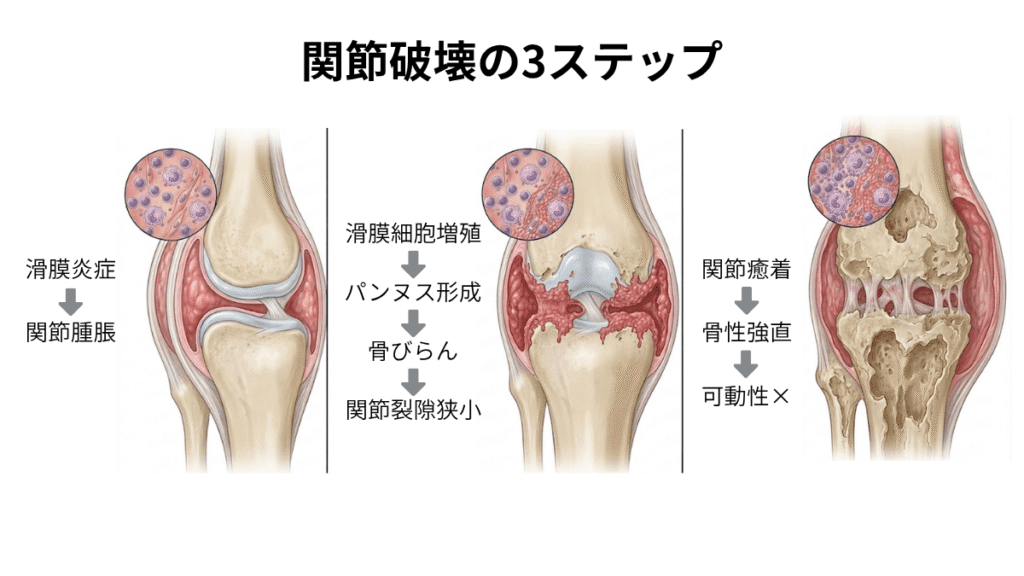 関節リウマチによる関節破壊の進行過程（滑膜炎症・腫脹からパンヌス形成、最終的な関節癒着と可動域喪失まで）を3段階で示したイラスト。