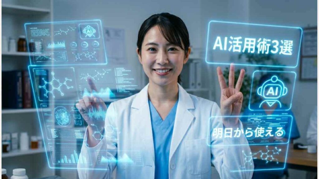 白衣を着た女性薬剤師が笑顔で3本の指を立て、周囲に「AI活用術3選」「明日から使える」という文字と化学式やグラフのホログラムが浮かんでいるイメージ画像。