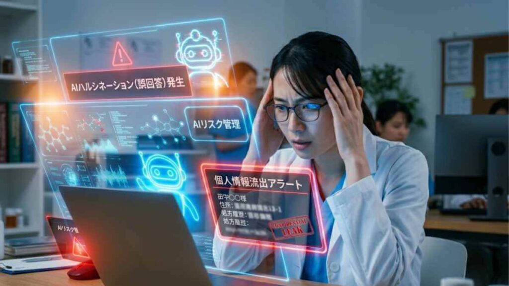 パソコンの前で頭を抱え悩む女性薬剤師の周囲に、「AIハルシネーション（誤回答）発生」「個人情報流出アラート」といった警告ホログラムが表示されているリスク注意喚起のイメージ画像。
