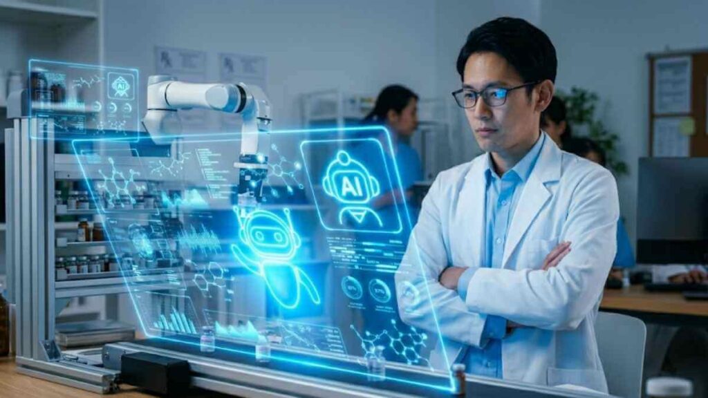 調剤室のような場所で、ロボットアームが備わった近未来的なディスプレイを真剣な表情で見つめる男性薬剤師。AI時代のこれからの働き方を予感させるイメージ画像。